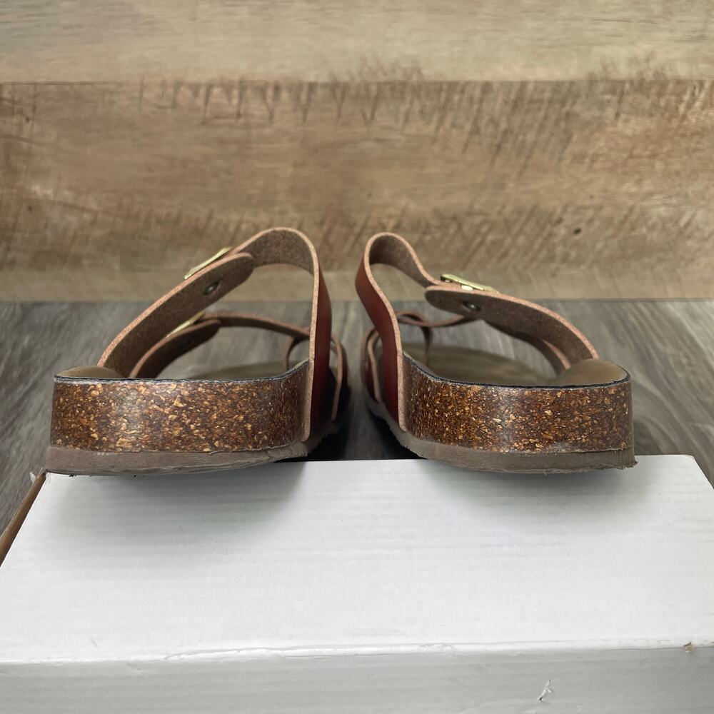 Madden Girl 8 M Leather Slides Brown Gold Buckle Criss Cross Slip on Sandals - Picture 7 of 13